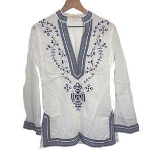 Tory Burch White Blue Embroidered Cotton Tunic Top Split Neck Size 8